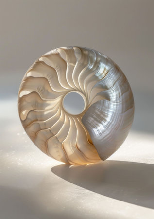 Elegant nautilus shell on a soft background with gentle lighting creating a serene atmosphereの素材