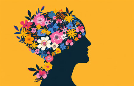 Woman s silhouette filled with colorful flowers on a bright yellow backgroundの素材