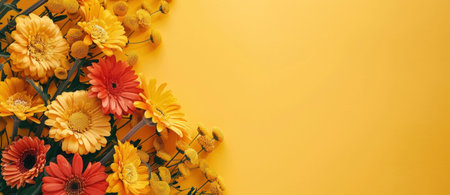 Bright yellow background with a vibrant arrangement of orange and yellow flowersの素材