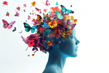 A serene profile of a female figure with a vibrant explosion of butterflies and flowers representing creativity and transformationの素材