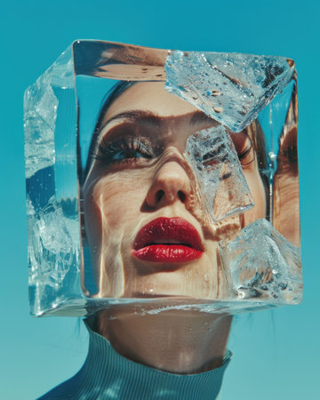 Woman s face partially covered by a transparent ice cube, reflecting light against a bright blue backgroundの素材