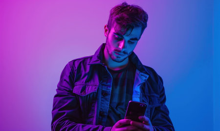 A young man looking at his smartphone in a cool toned, neon lit environmentの素材