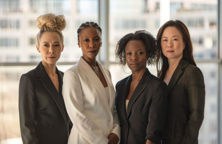 Four diverse businesswomen in professional attire posed confidently indoors against a modern urban backdropの素材