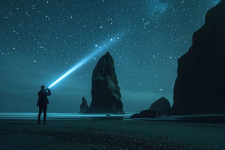 A person standing on a beach at night, shining a flashlight towards the starry sky and rocky formationsの素材