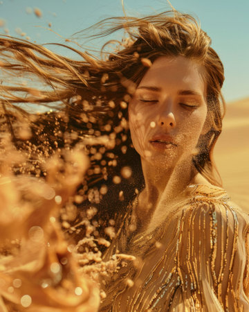 A serene woman with flowing hair stands in a desert, surrounded by swirling sand particles, embodying a sense of freedom and tranquilityの素材