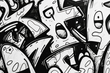 Abstract black and white graffiti with bold shapes and exaggerated facial features on a textured backgroundの素材