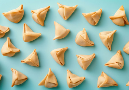 Assorted fortune cookies arranged on a light blue surface, showcasing their unique triangular shapes in a harmonious layoutの素材