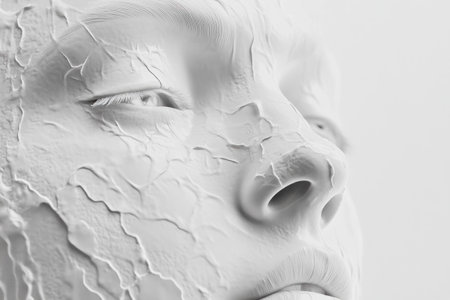 Abstract white textured human face with intricate cracks conveying emotions, set against a clean background. Beauty and artistry concept.の素材
