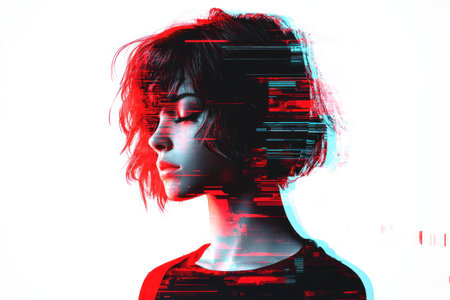 Abstract portrait of a young woman with glitch effects, showcasing modern digital art style. Concept of technology and emotions in a contemporary context.の素材