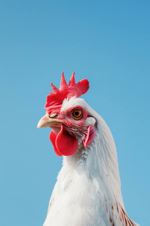 Close-up of a white chicken against a clear blue sky, showcasing its vibrant red comb and wattle. Farm animal portrait concept.の素材