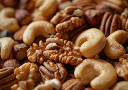 Assortment of assorted nuts including cashews, walnuts, and pecans, showcasing a variety of textures and colors, perfect for healthy snacking and culinary uses.の素材