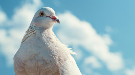 Beautiful white dove perched against a bright blue sky with fluffy clouds, symbolizing peace and tranquility. Captivating bird photography concept.の素材
