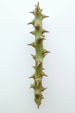 Curved green cactus stem with sharp thorns against a plain white background, showcasing its unique texture and structure. Ideal for nature and plant themes.の素材