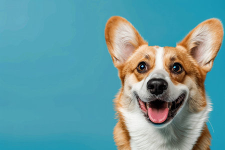 Happy Corgi dog with a cheerful expression against a bright blue background, showcasing playful and friendly demeanor. Perfect for pet and animal lovers.の素材
