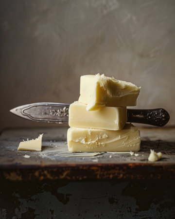 Creamy butter stacked on a rustic surface, with an ornate knife resting beside. Food photography emphasizing texture and natural light.の素材