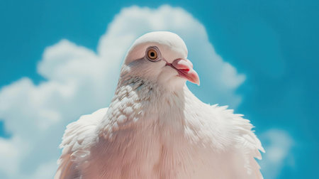 Beautiful white pigeon perched against a bright blue sky, showcasing its elegance and grace, symbolizing peace and hope.の素材