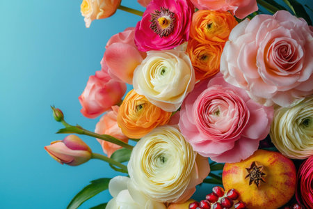 Colorful bouquet of fresh ranunculus flowers, vibrant blooms in shades of pink, orange, and cream, set against a bright blue background. Floral arrangement concept.の素材