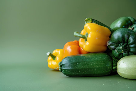 Fresh vegetables including green zucchini, yellow and orange bell peppers stacked on a green background. Healthy eating and organic food concept.の素材