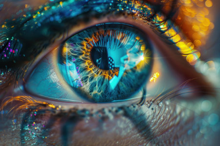 Close-up of a vibrant human eye with colorful makeup and reflections, showcasing intricate details and a captivating gaze. Concept of beauty and spirituality.の素材