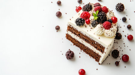 Delicious chocolate cake slice topped with fresh berries, including raspberries, blackberries, and red currants on a clean white background. Indulgent dessert concept.の素材