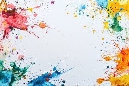 Colorful splashes of paint creating a vibrant frame around a blank white space, perfect for artistic and creative themes.の素材