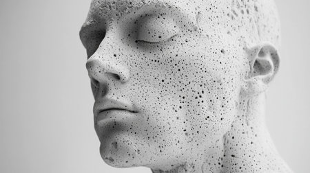 Abstract monochrome sculpture of a human head with textured surface, representing emotion and contemplation in a minimalistic aesthetic.の素材