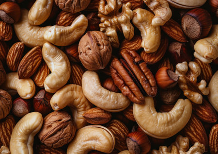 Mixed assortment of various nuts including cashews, almonds, walnuts, and pecans, creating a healthy snack background. Nutrition and natural food theme.の素材