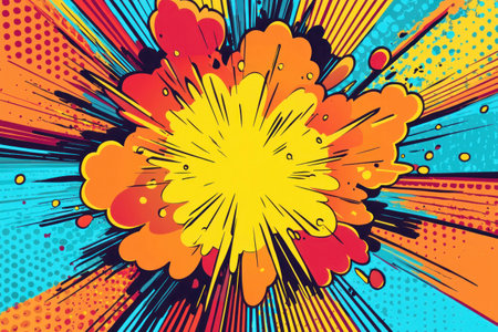 Colorful comic explosion with vibrant yellow center and dynamic rays, representing action and excitement in a bold pop art style.の素材