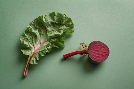 Fresh chard leaf and vibrant beetroot slice on soft green background, showcasing healthy eating and organic food concept.の素材