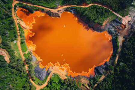 Aerial view of vibrant orange lake surrounded by lush green forest, showcasing unique natural beauty and striking contrast in colors. Scenic nature landscape concept.の素材