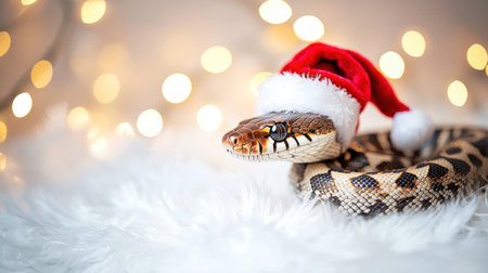 Snake wearing a Santa hat, resting on soft white fur with sparkling bokeh lights in the background. Festive and playful holiday decoration theme.の素材