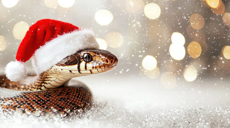 Snake wearing a Santa hat, resting on a bed of snow with sparkling bokeh lights in the background. Festive holiday spirit and winter theme.の素材