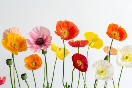 Vibrant bouquet of colorful poppy flowers in various shades including pink, orange, yellow, red, and white against a light background. Nature and beauty concept.の素材