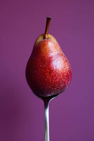 Ripe red pear balanced on a stainless steel spoon, creatively presented against a vibrant purple background. Food photography and culinary art concept.の素材