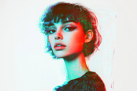 Stylish young woman with short hair posing in a vibrant, artistic portrait, conveying confidence and creativity. Modern art concept blending colors and emotions.の素材