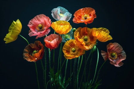 Colorful poppy flowers in various shades including yellow, orange, and pink against a dark background, showcasing the beauty of nature and floral art.の素材