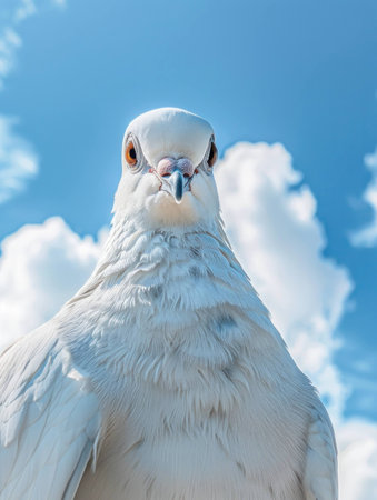 Close-up of a majestic white dove against a bright blue sky with fluffy clouds, symbolizing peace and purity in nature.の素材
