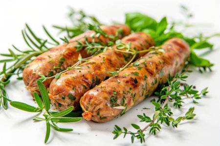 Fresh homemade sausage links with herbs and spices, garnished with green basil and thyme, perfect for cooking or grilling. Delicious culinary concept.の素材