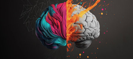 Colorful split brain illustration showing creativity and analytical thinking with vibrant colors on one side and grayscale texture on the other.の素材
