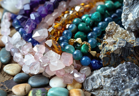 Colorful assortment of gemstone necklaces and minerals arranged on textured surface, showcasing the beauty of natural stones and jewelry craftsmanship.の素材