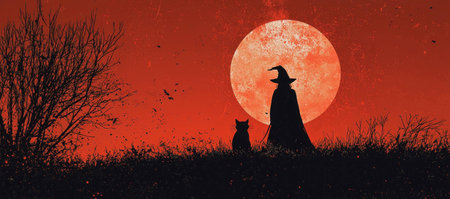 Witch silhouette with a cat against a full moon in a spooky landscape, creating a mystical and enchanting atmosphere perfect for Halloween themes.の素材