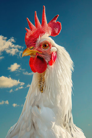 Proud white rooster with vibrant red comb standing against a bright blue sky with fluffy clouds, representing nature and farm life.の素材