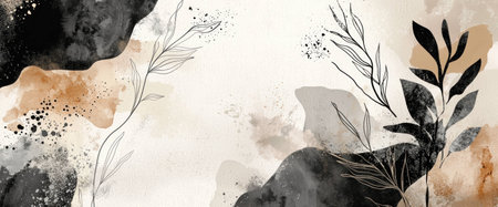 Abstract composition of earthy tones and delicate botanical elements, creating a serene and artistic background for design and decoration projects.の素材