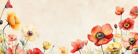 Beautiful watercolor illustration of vibrant poppy flowers in various colors against a soft beige background, creating a serene floral atmosphere.の素材