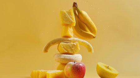 Colorful fruit arrangement showcasing bananas, apples, and mangoes on a vibrant yellow background, highlighting freshness and creativity in food presentation.の素材