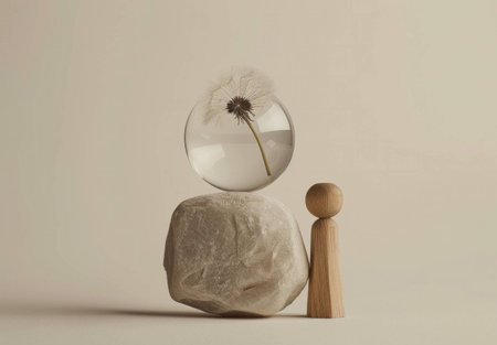 Minimalistic composition featuring a wooden figure standing beside a glass orb with a dandelion inside, symbolizing dreaminess and nature.の素材