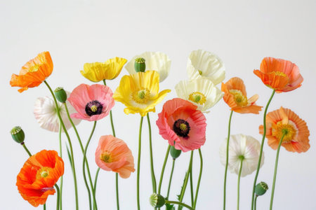 Colorful poppies blooming in various shades, creating a vibrant display against a light background. Floral beauty and nature concept for decoration.の素材