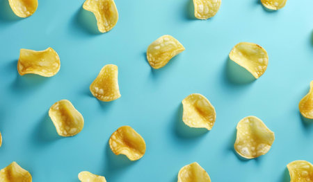 Crunchy potato chips scattered on a bright blue background, creating a fun and vibrant food layout perfect for snack cravings. Snack time concept.の素材