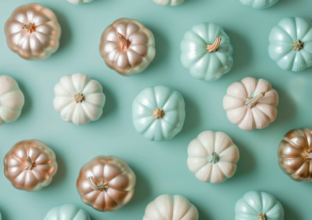 Colorful decorative pumpkins in pastel colors arranged on a light blue background, creating a seasonal and festive atmosphere for autumn celebrations.の素材