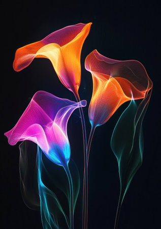 Vibrant abstract calla lilies glowing in colorful hues, showcasing an artistic representation of beauty and elegance on a dark background.の素材